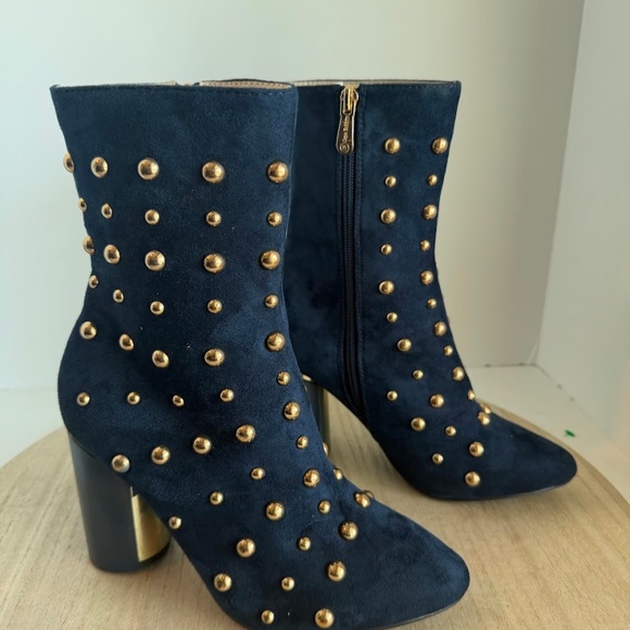 Women’s Navy Blue Studded Block Heel Ankle Boots Size 9 – ADIRA Gold Detail - Picture 4 of 8